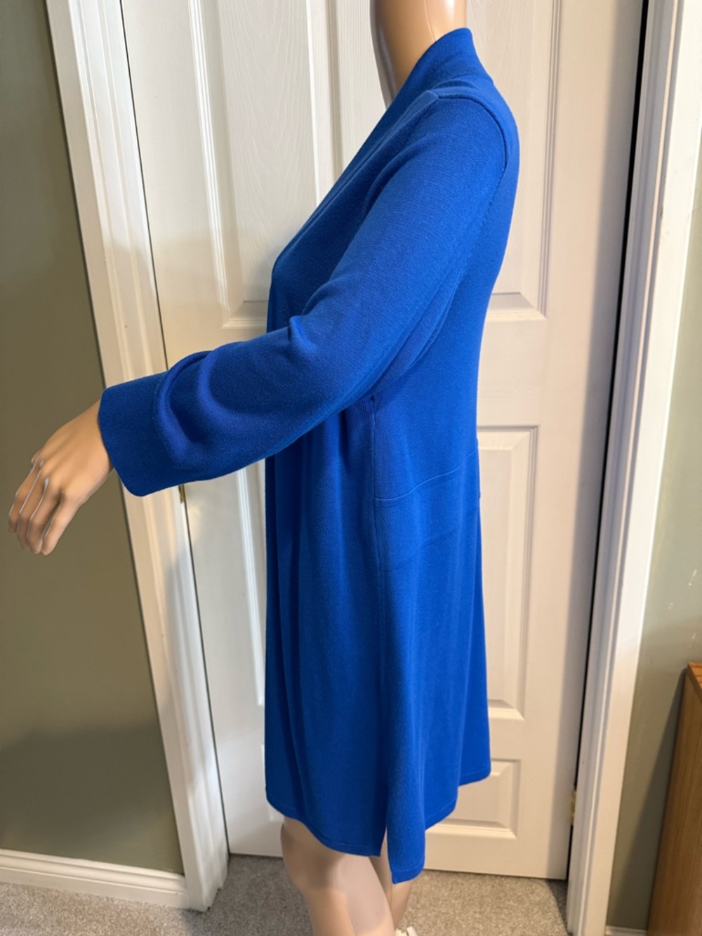 Chicos Size 2 L Long Open Cardigan Duster Lightweight Blue Tight Knit Comfy - Picture 5 of 13